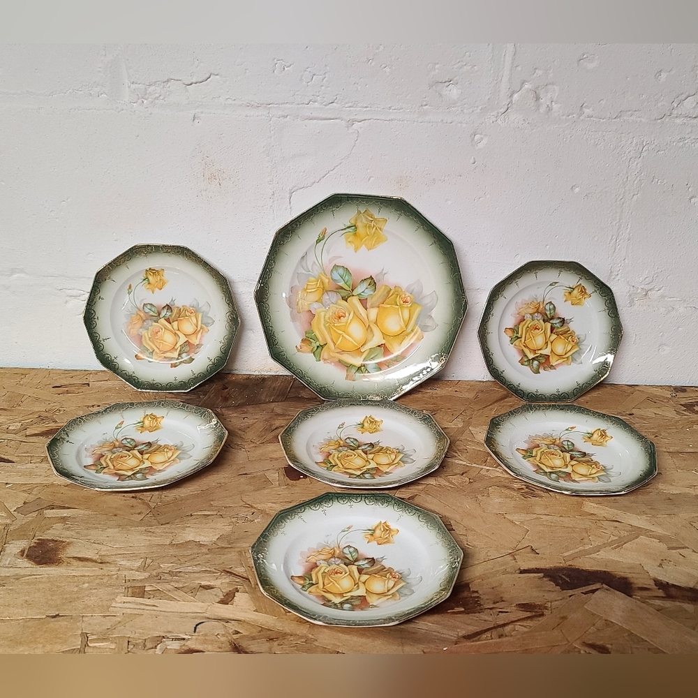 Limoges France Porcelain Plates Yellow Roses Green Border Set Of 7 Vintage